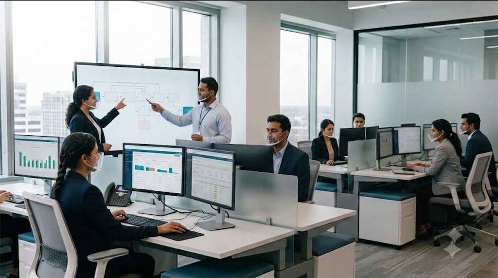 Veranten revenue cycle specialists working at a bank of monitors