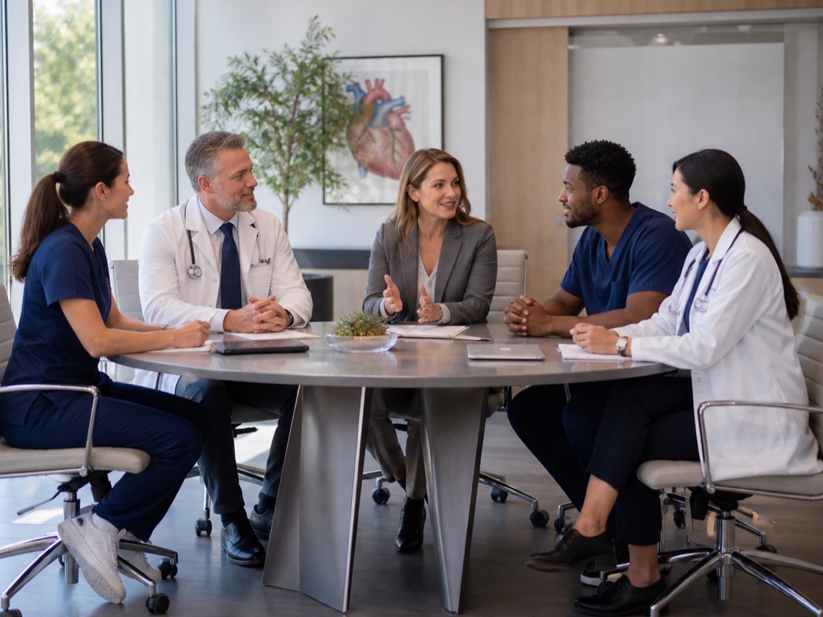 Physicians and practice administrators around a conference table