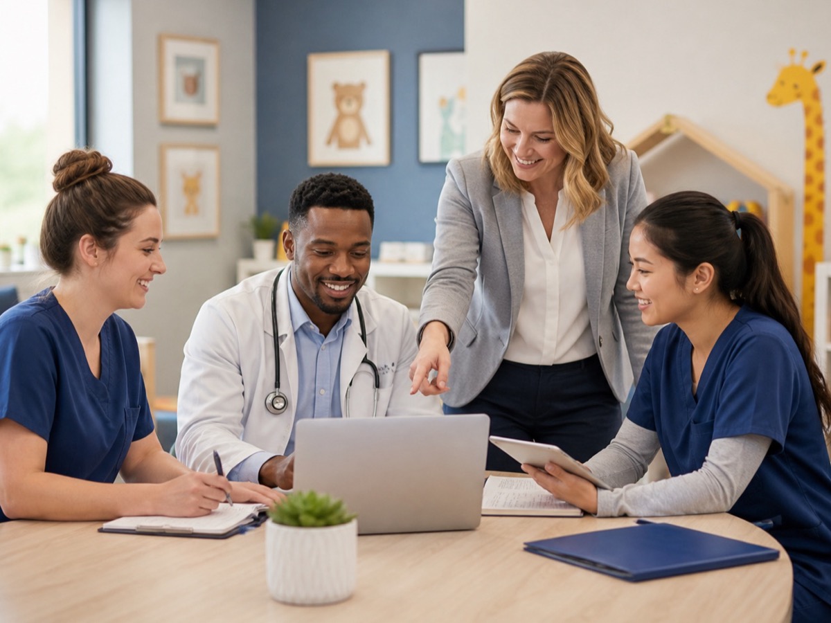 Physicians and practice administrators around a conference table