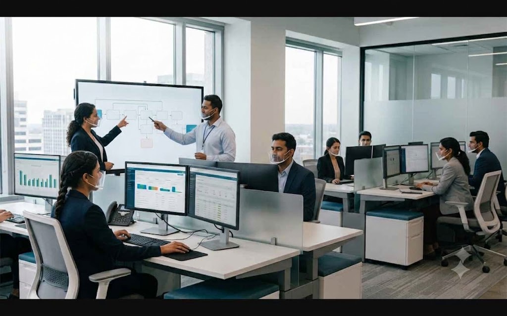 Veranten patient support agents working at a bank of monitors